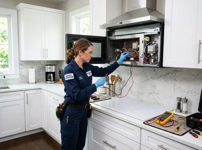 Appliance Repair Hero technician testing an over-the-range microwave in a Arkdale, WI kitchen